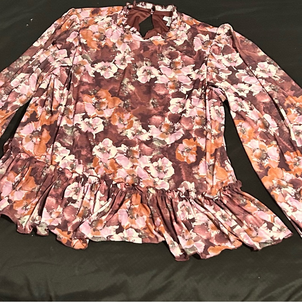 Morgan Taylor Floral Blouse – 1X | Pre-Owned | Ruffled Mandarin Collar Top